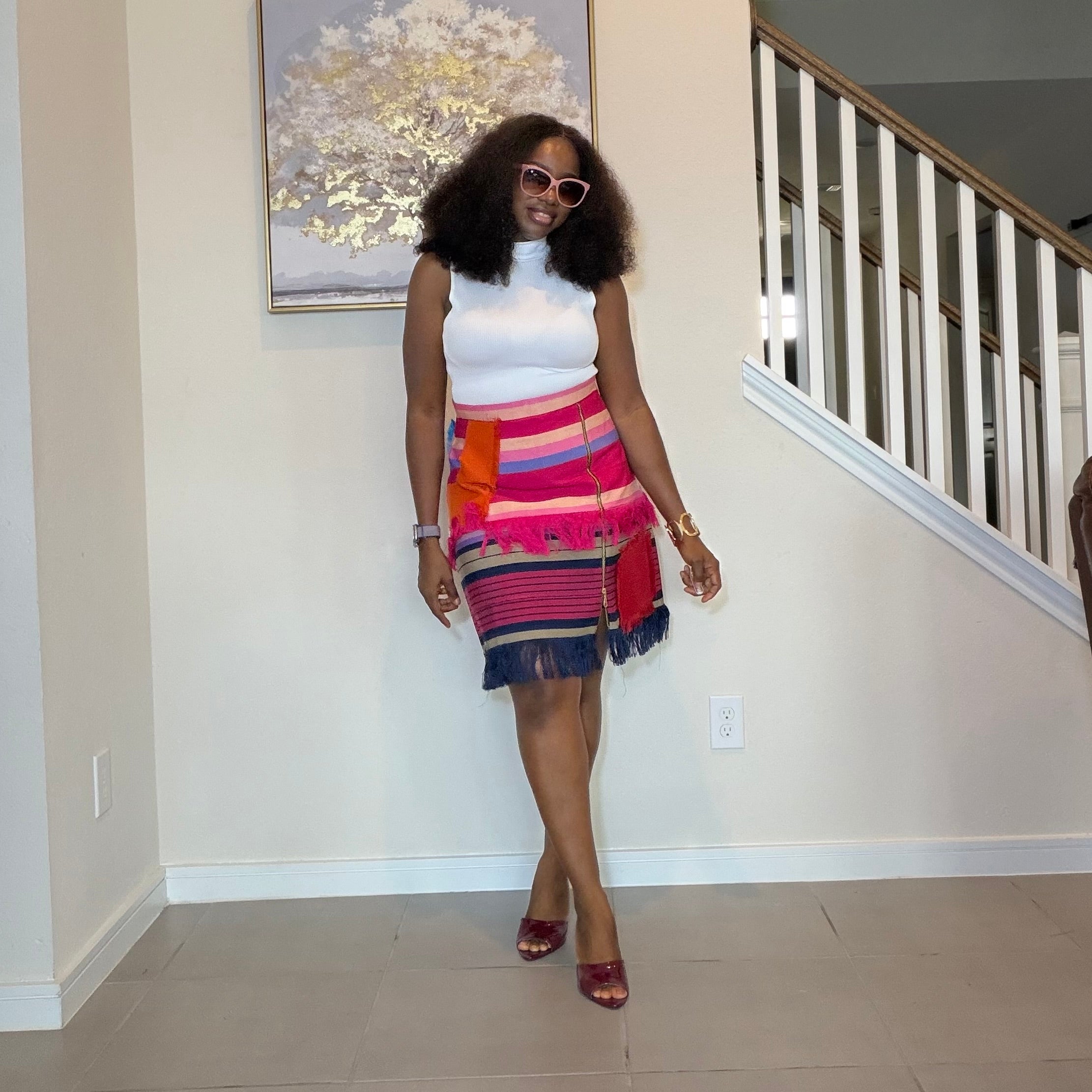 Colorful African Aso Oke Fringe Skirt, Handmade Aso Oke Patchwork Skirt