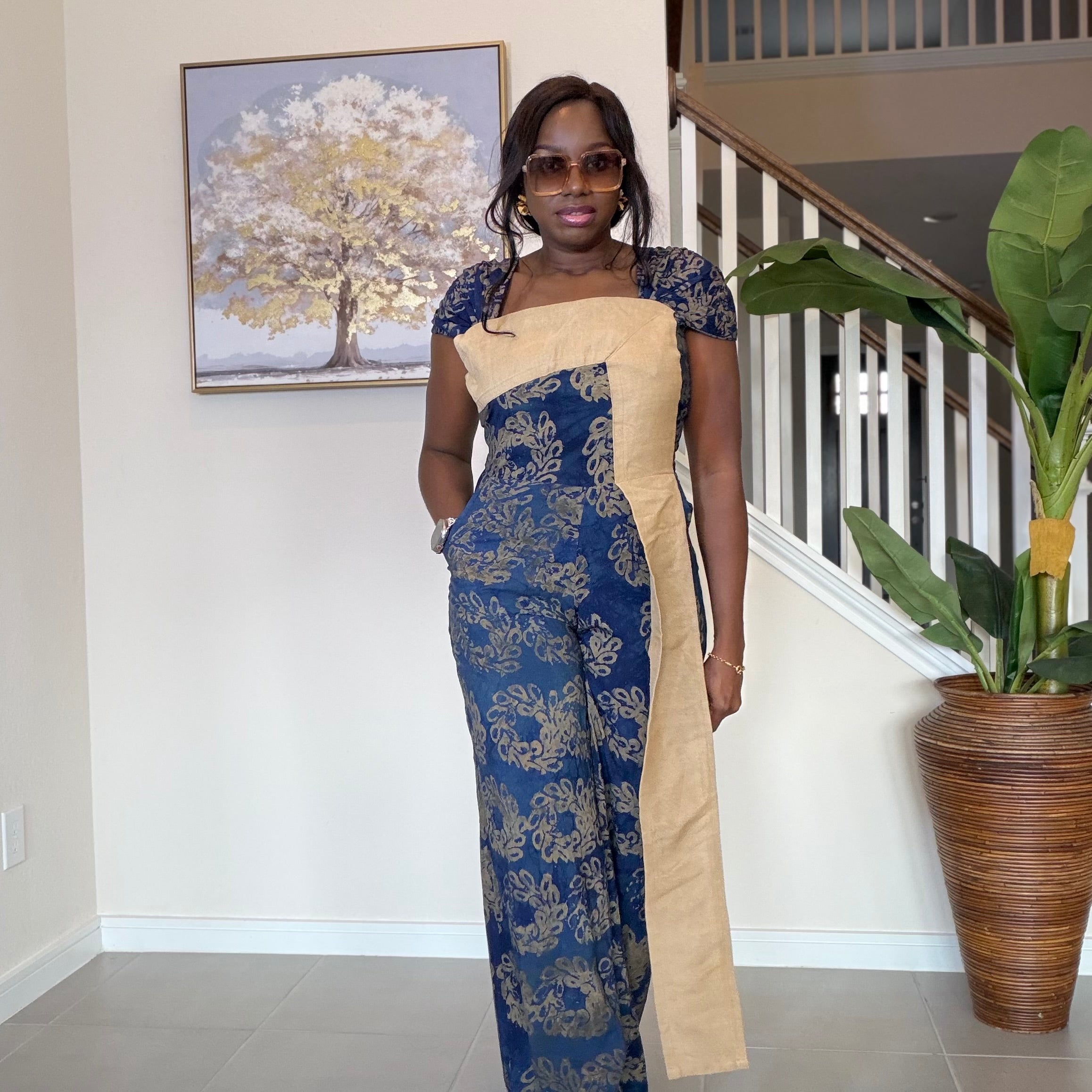 Blue Adire Floral Wide-Leg Jumpsuit with Aso Oke Detail
