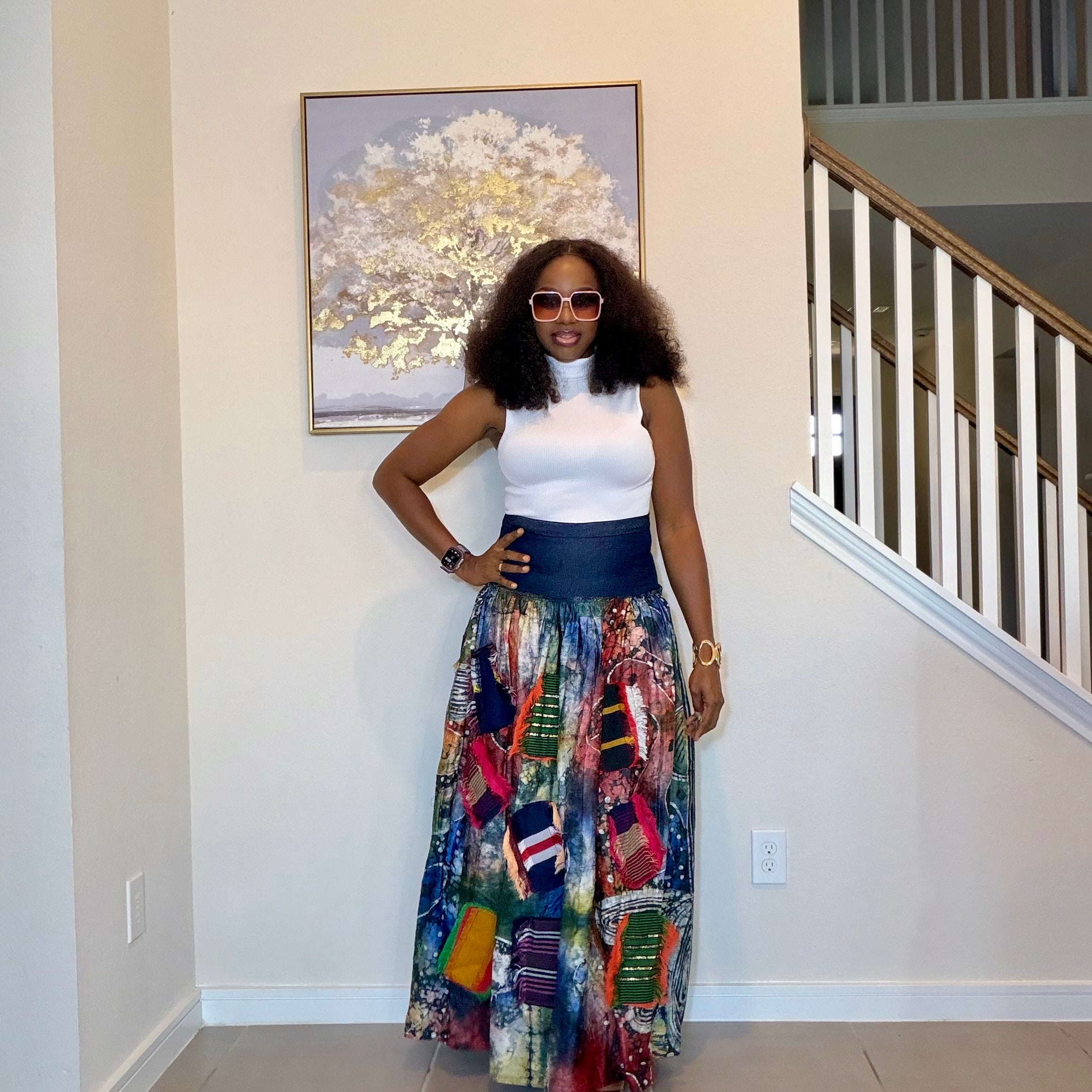 Adire Batik Maxi Skirt with Aso Oke Patchwork, High-Waisted African Print Long Skirt