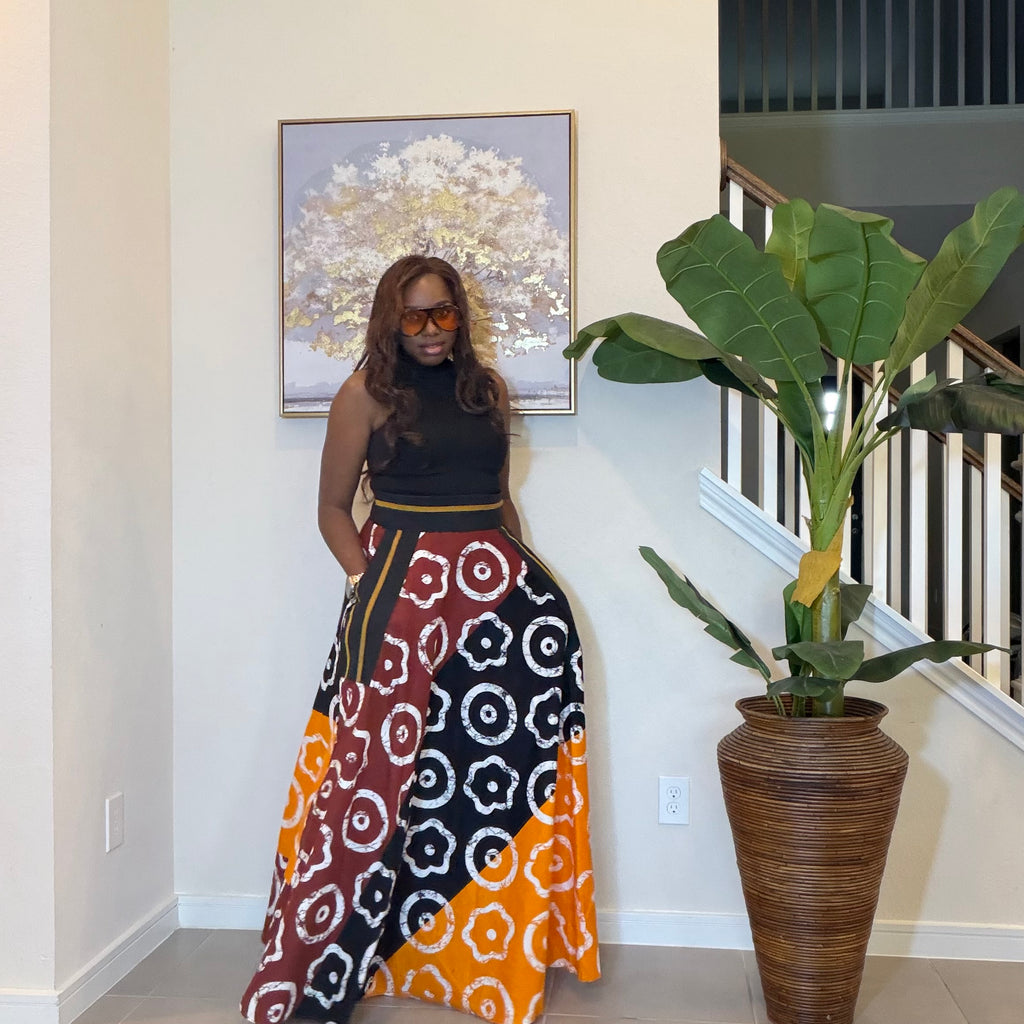African Ankara Maxi Skirt, High Waist Skirt with Aso Oke Pockets