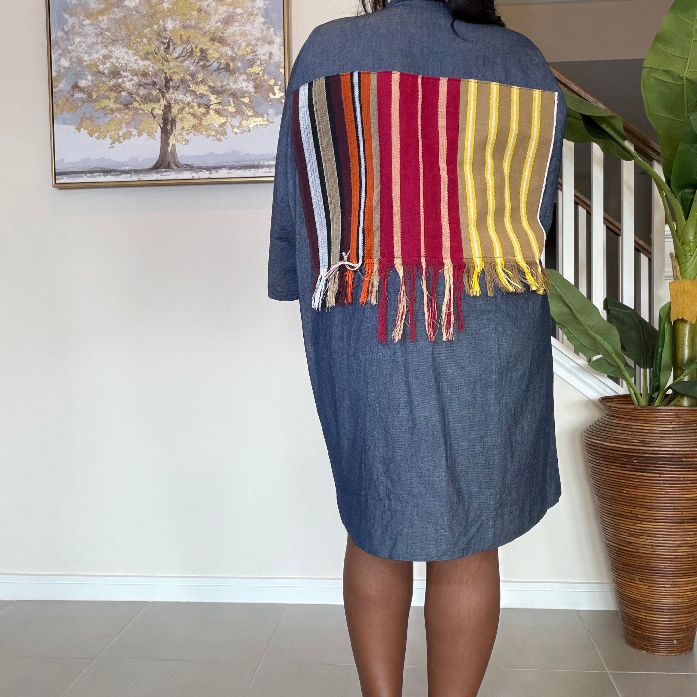 Zipped Denim Shift Dress with Statement Aso Oke Pocket and Back patch