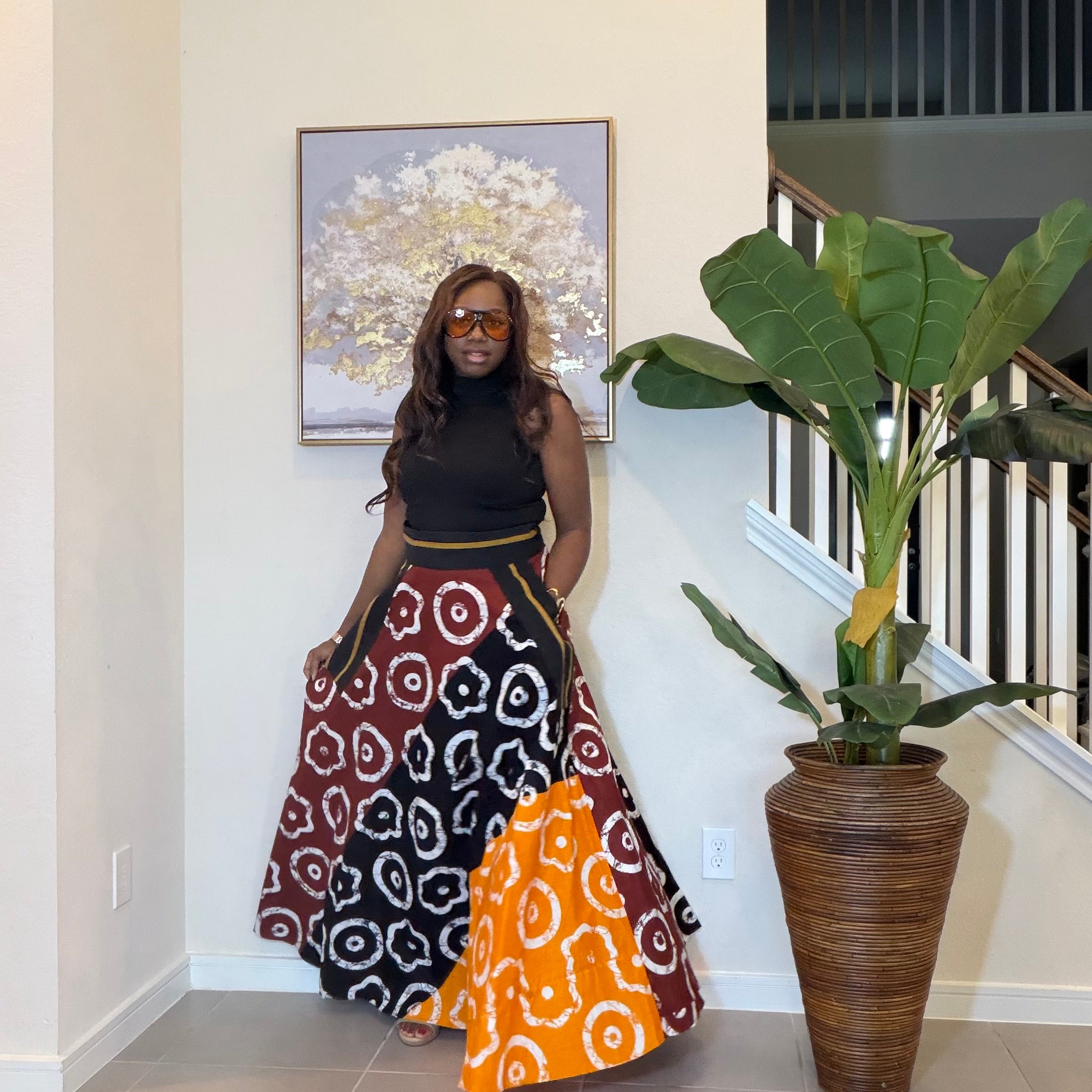 African Ankara Maxi Skirt, High Waist Skirt with Aso Oke Pockets