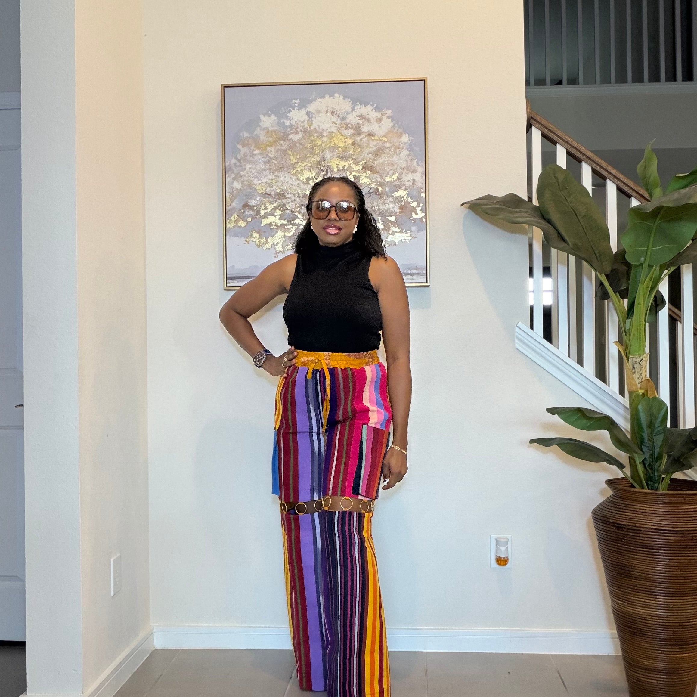 Handmade Aso Oke Wide-Leg Pants with Metal Ring Detail