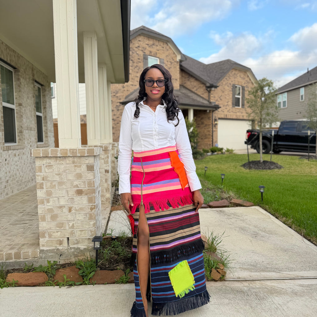 Colorful African Aso Oke Fringe Skirt, Handmade Aso Oke Patchwork Skirt
