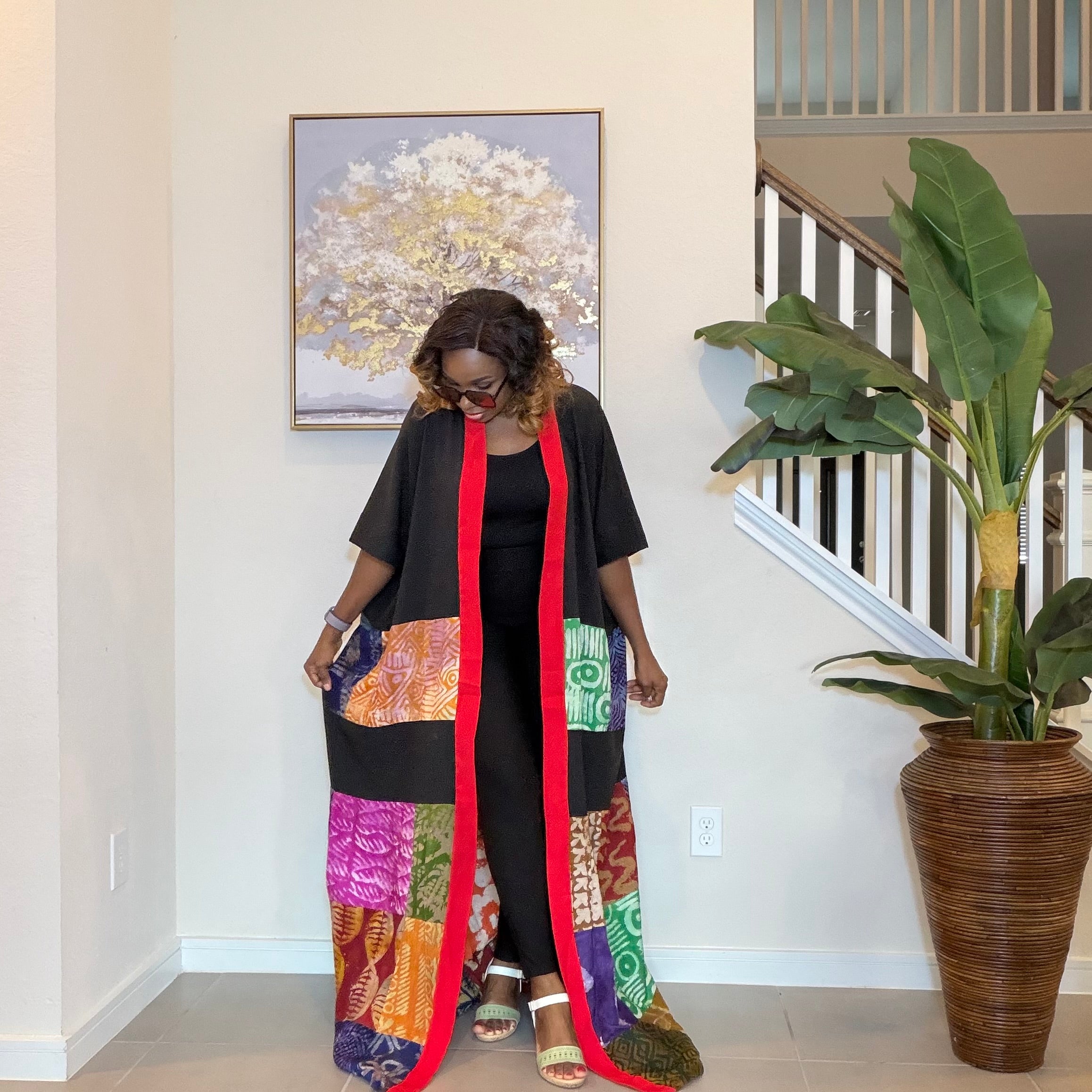 Multicolor Adire Kimono, Patchwork Long Kimono, Handmade African Fashion