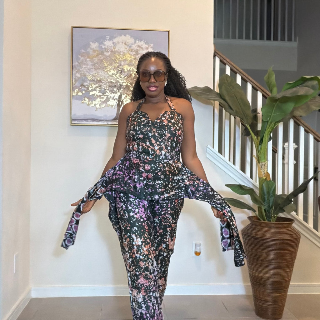 Handmade Adire Batik Tie-Neck Halter Jumpsuit
