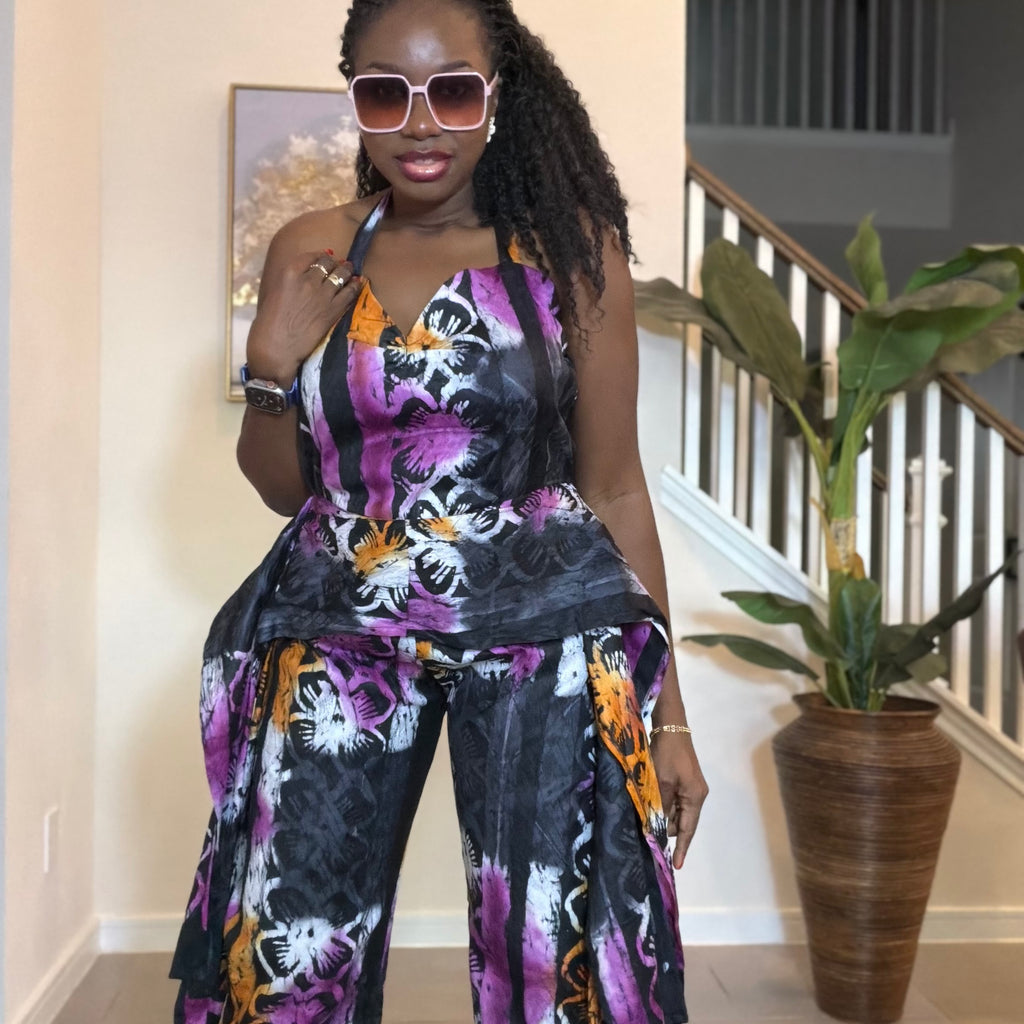 Handmade Adire Batik Tie-Neck Halter Jumpsuit.