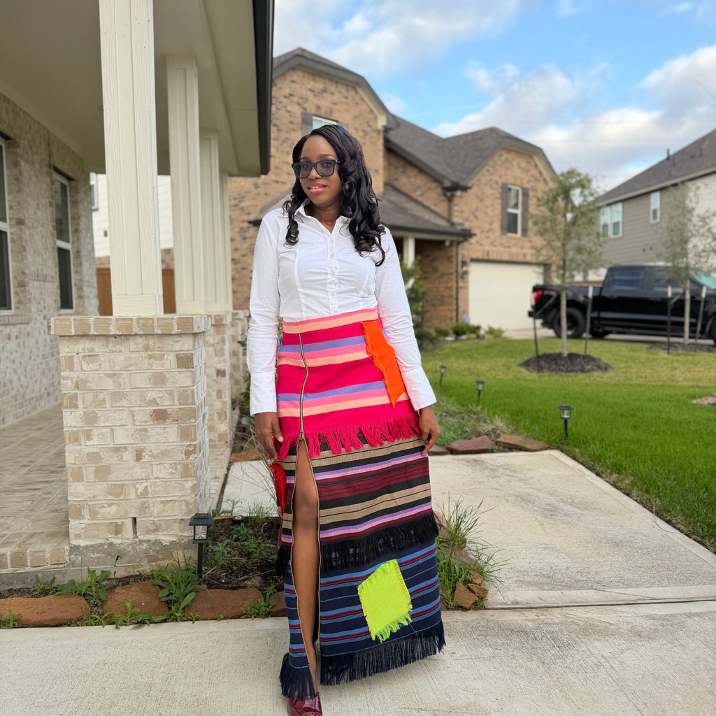 Colorful African Aso Oke Fringe Skirt, Handmade Aso Oke Patchwork Skirt
