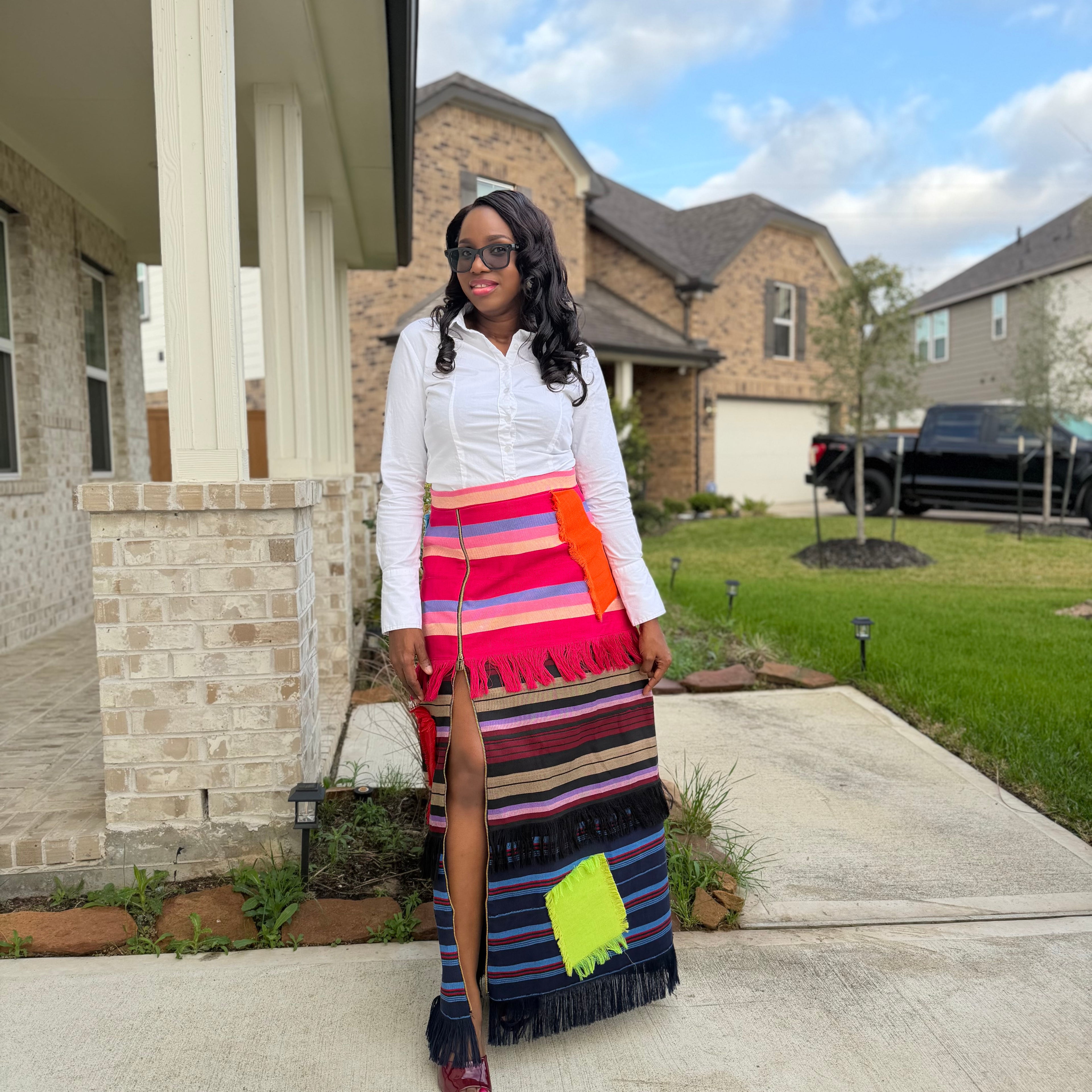 Colorful African Aso Oke Fringe Skirt, Handmade Aso Oke Patchwork Skirt