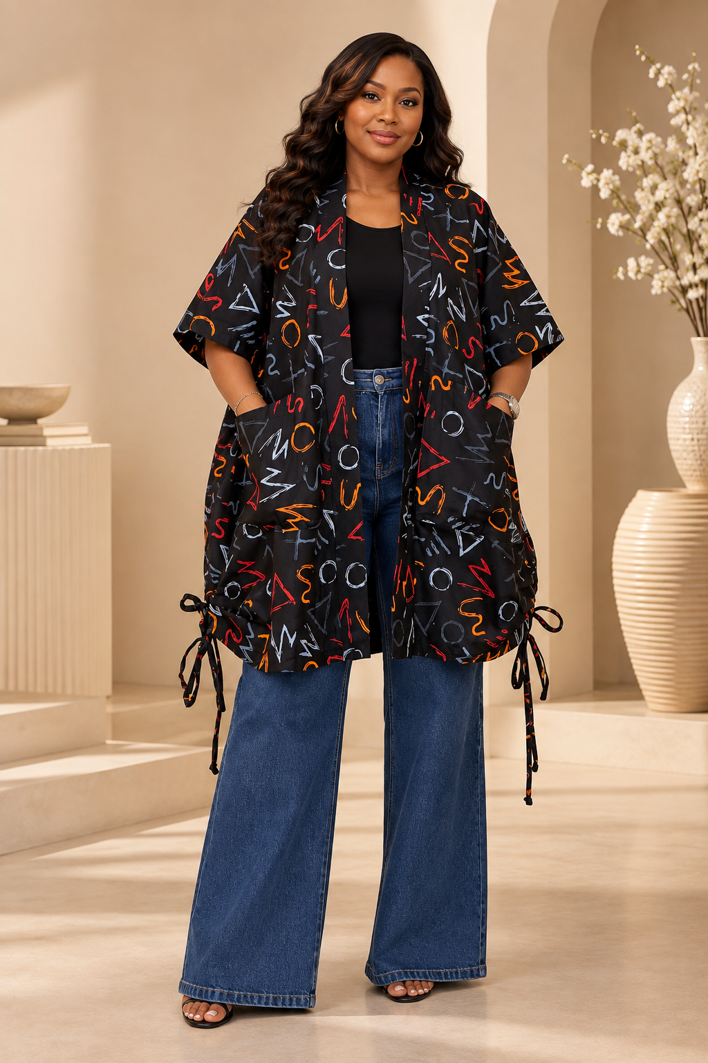 Abstract Print Ankara Drawstring Hem Kimono