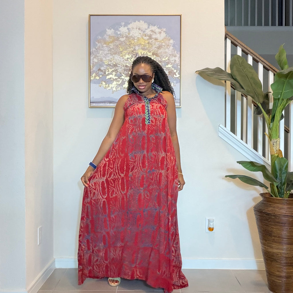 Hand-Dyed Adire Crepe Halter Maxi Dress.