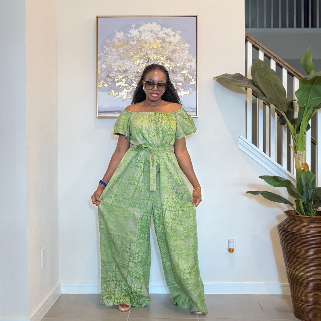 Adire Jumpsuit - African Print Off-the-Shoulder Wide Leg Romper