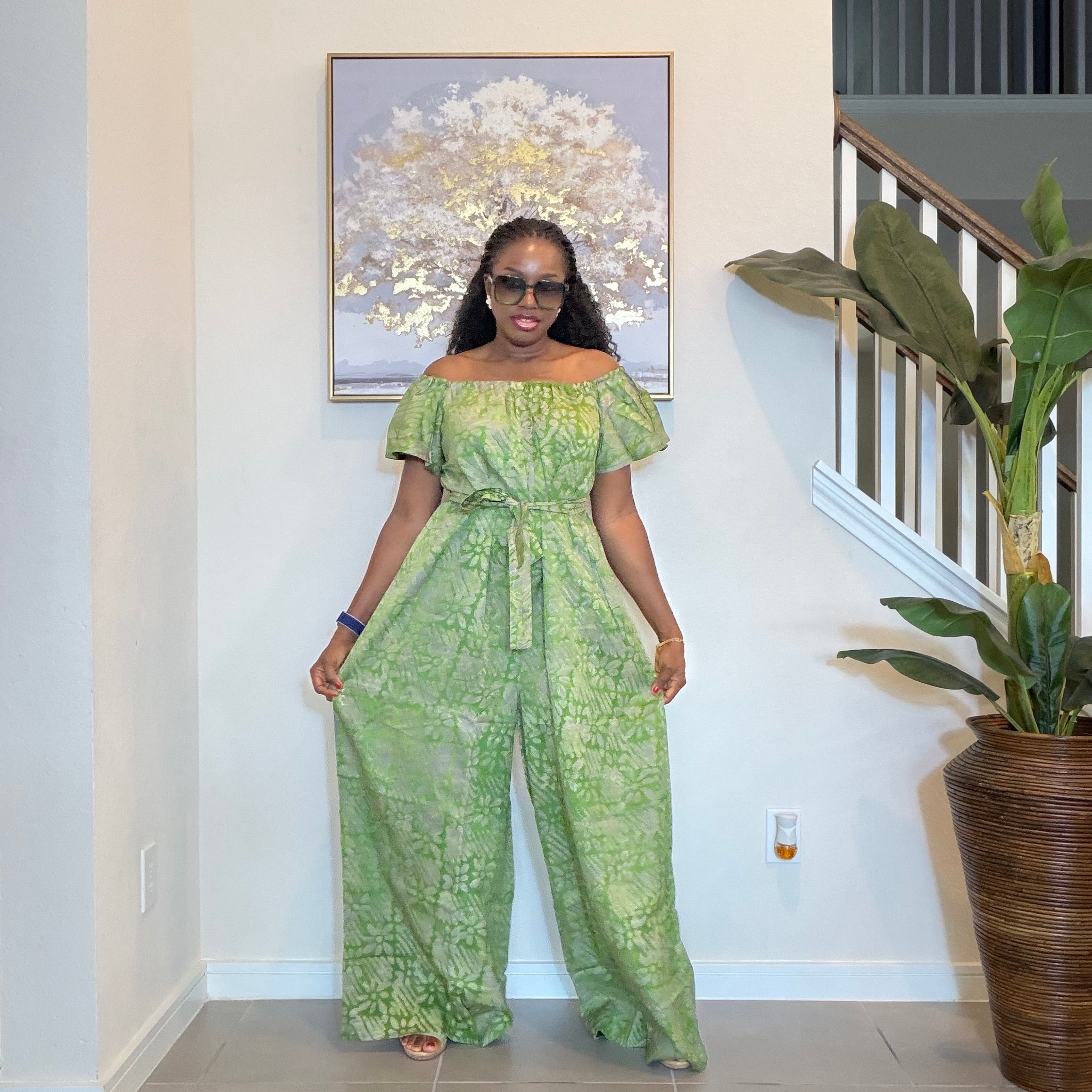 Adire Jumpsuit - African Print Off-the-Shoulder Wide Leg Romper