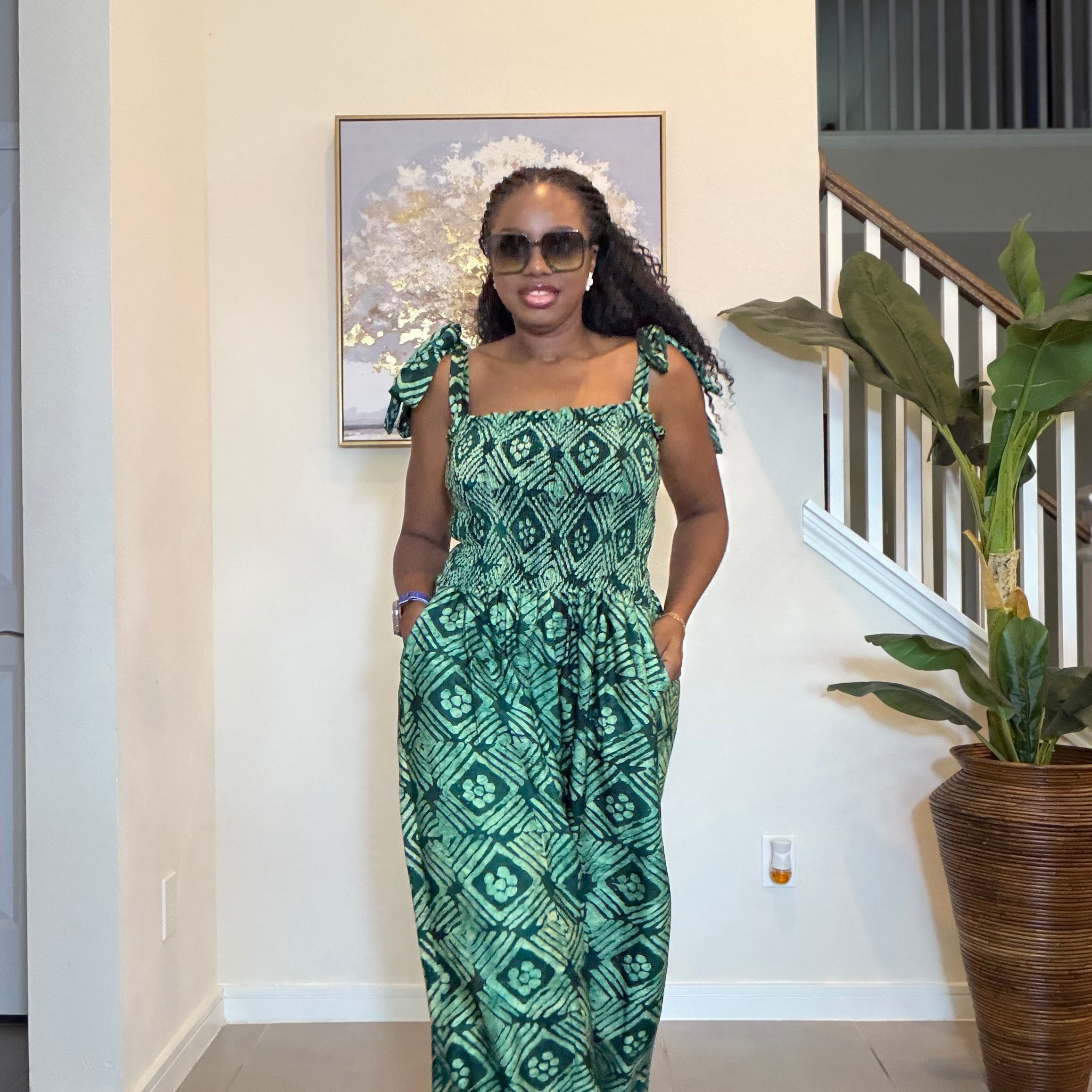 Handmade Adire Crepe Jumpsuit with Smocked Bodice