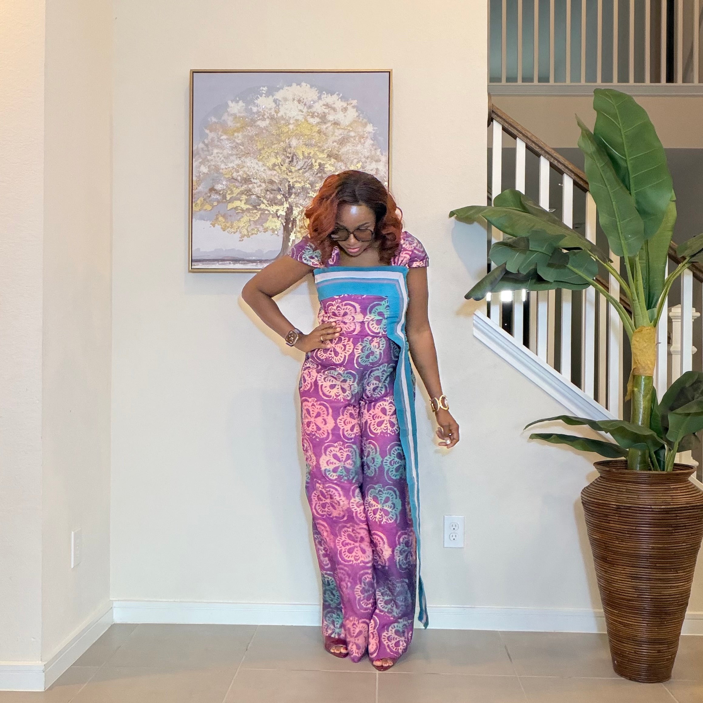 Adire Floral Wide-Leg Jumpsuit with Aso Oke Detail