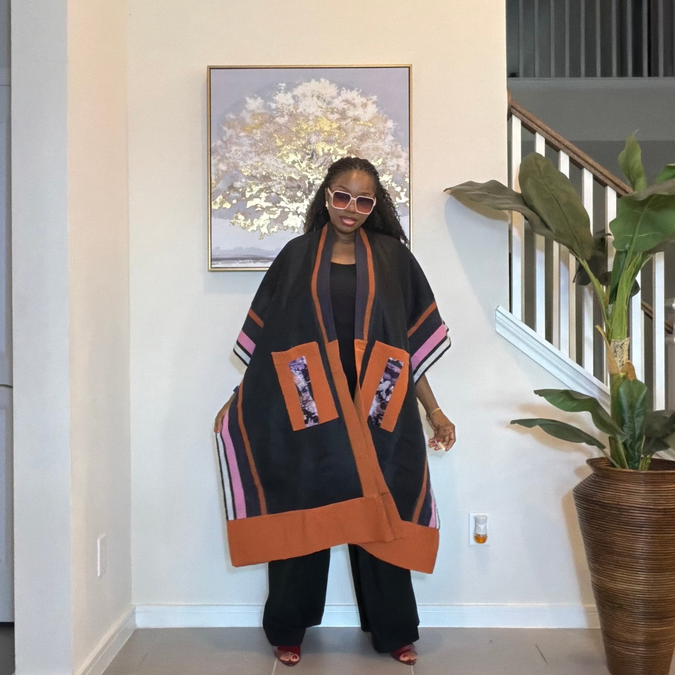 Handmade African Print Kimono: Adire Aso Oke Robe