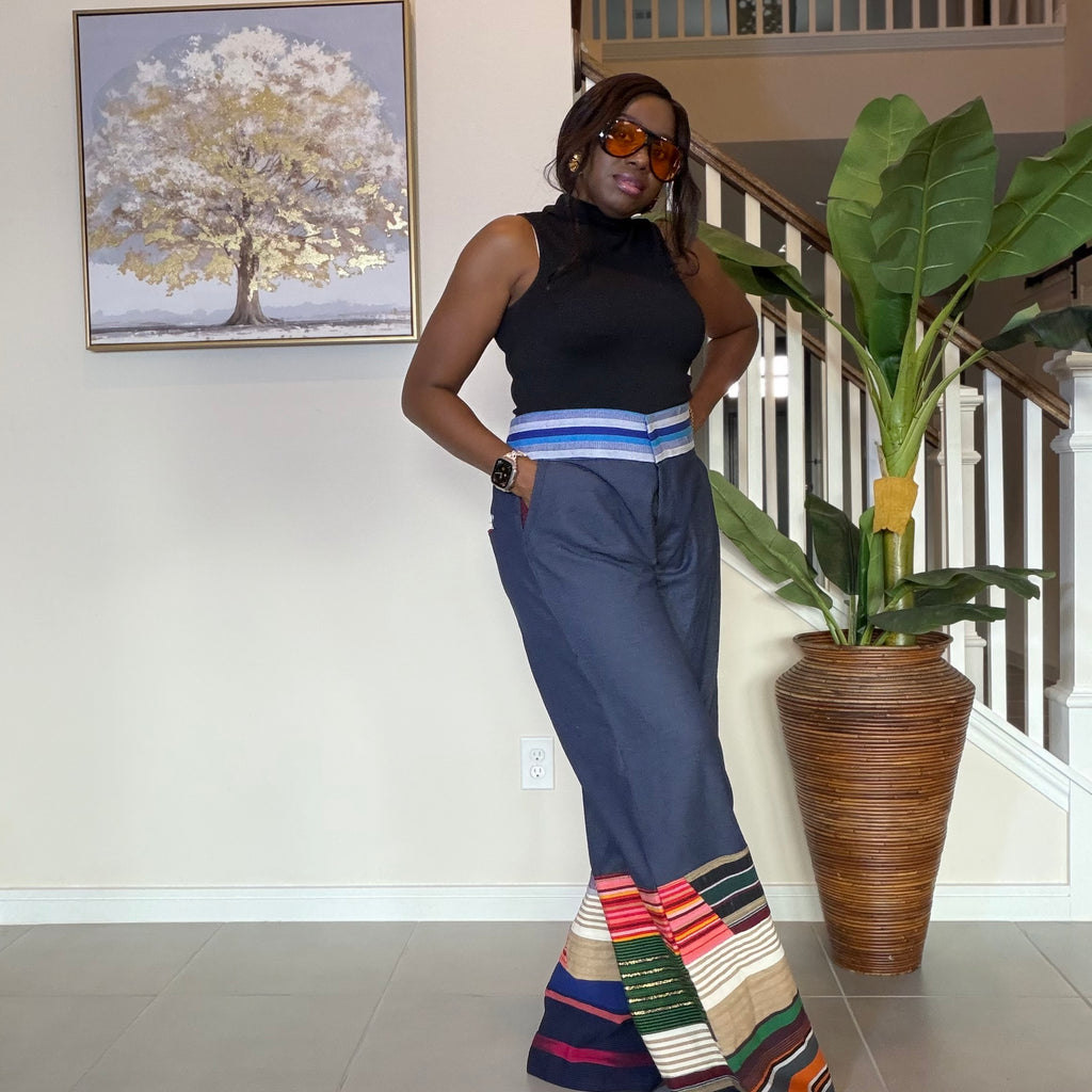 High-Waisted Jeans Wide Leg Trousers with Multicolored Striped Aso Oke Patchwork