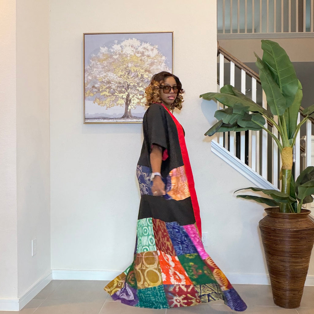 Multicolor Adire Kimono, Patchwork Long Kimono, Handmade African Fashion