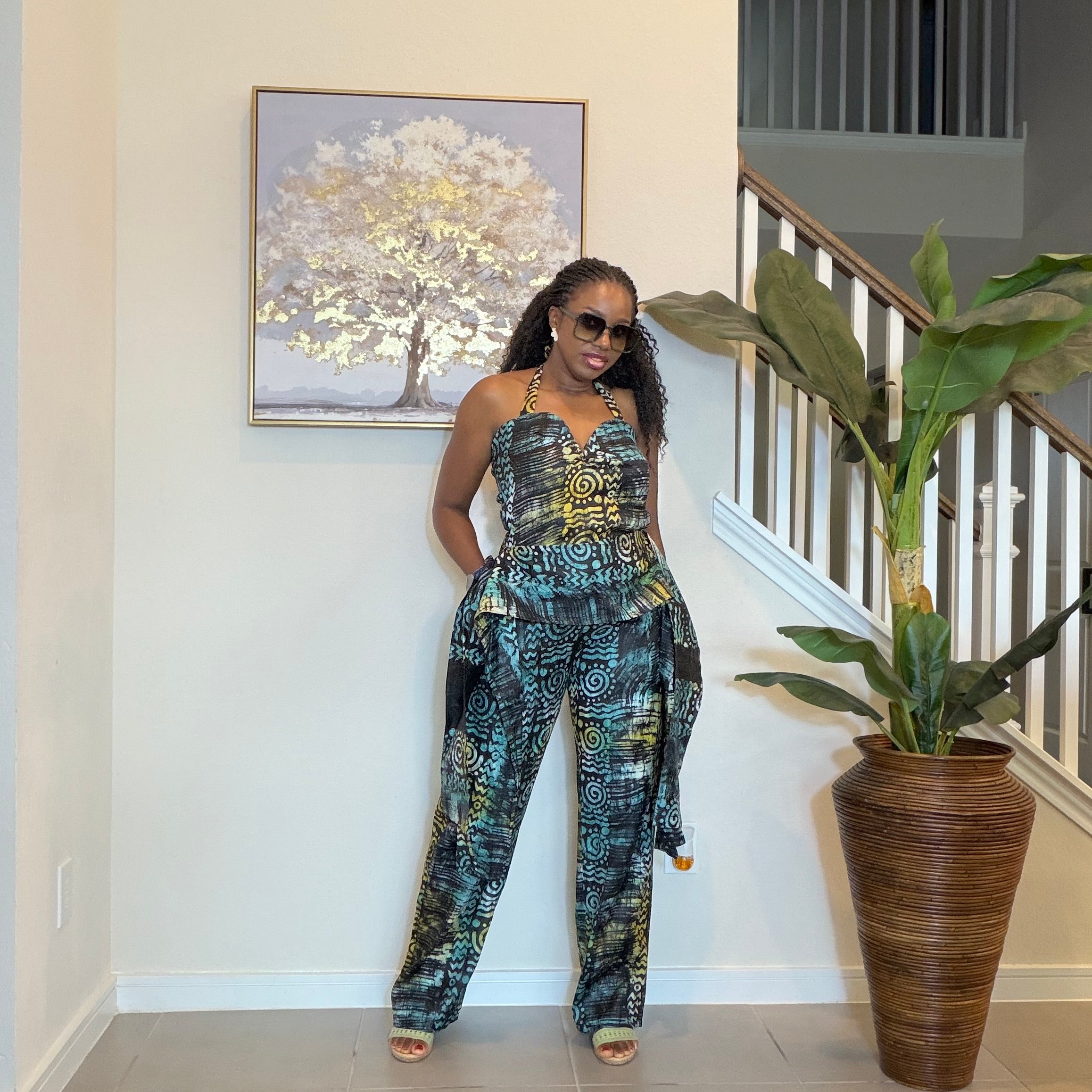 Adire Halter Neck Jumpsuit, African Batik Print One Piece Jumpsuit