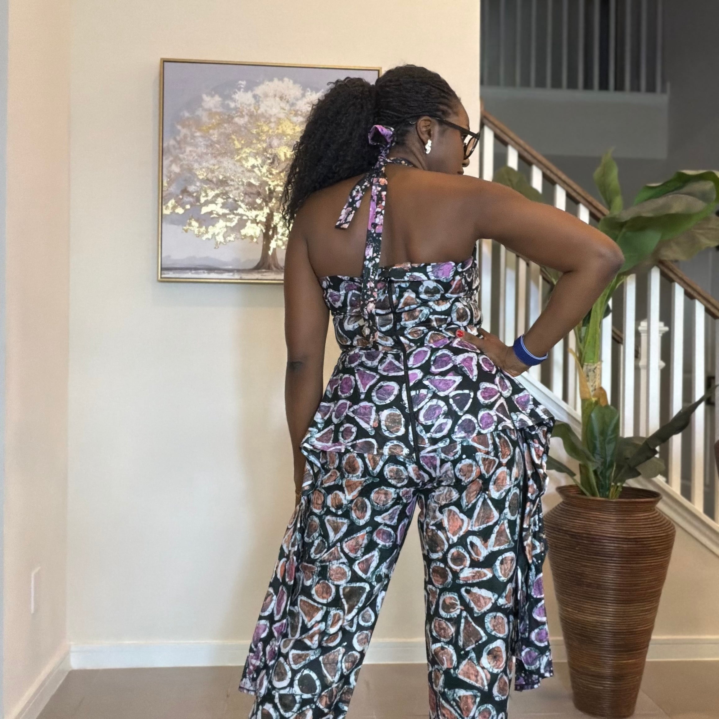 Handmade Adire Batik Tie-Neck Halter Jumpsuit