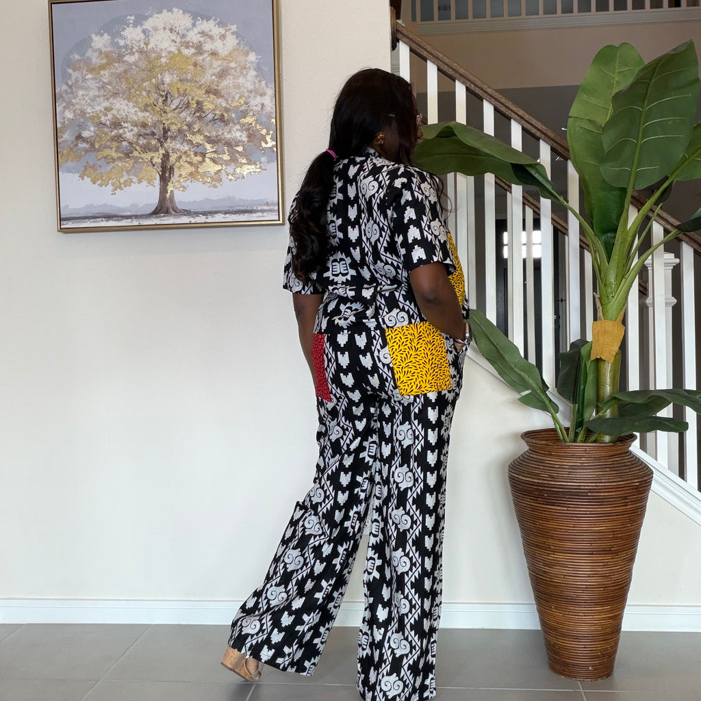 Modern Ankara Print Two-Piece Set – Black & White Wide-Leg Shirt & Trouser