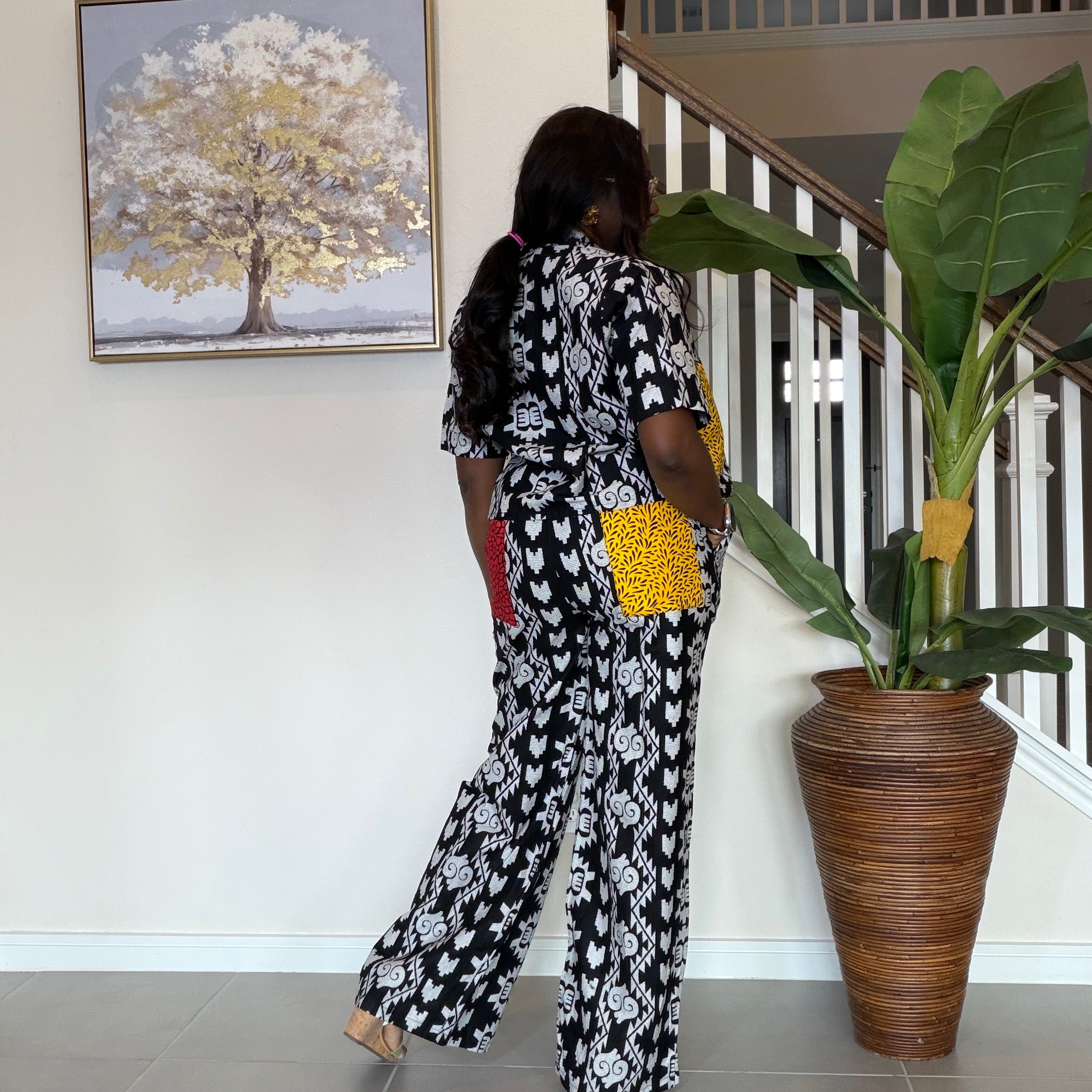 Modern Ankara Print Two-Piece Set – Black & White Wide-Leg Shirt & Trouser