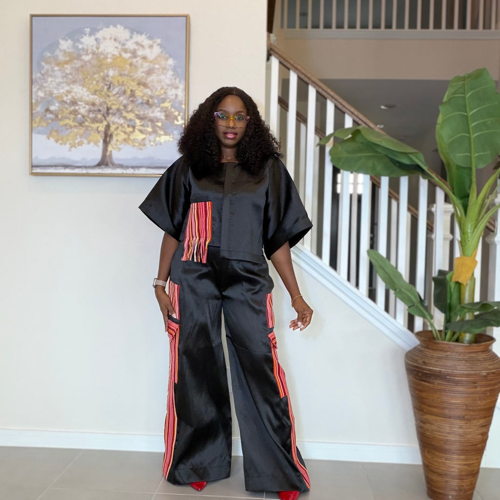 Black mikado trouser set with Aso Oke