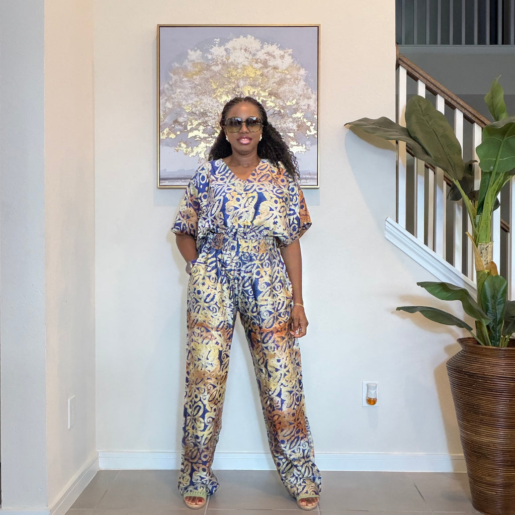 Adire Silk-Crepe, Elastic Waist Top & Wide-Leg Pants Set