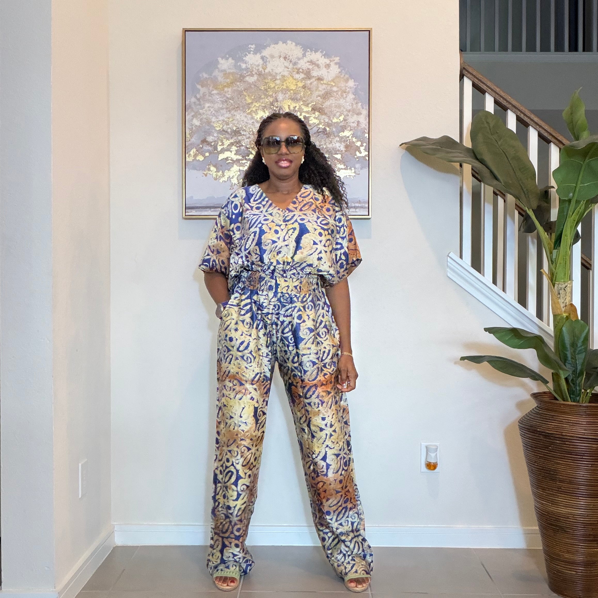 Adire Silk-Crepe, Elastic Waist Top & Wide-Leg Pants Set