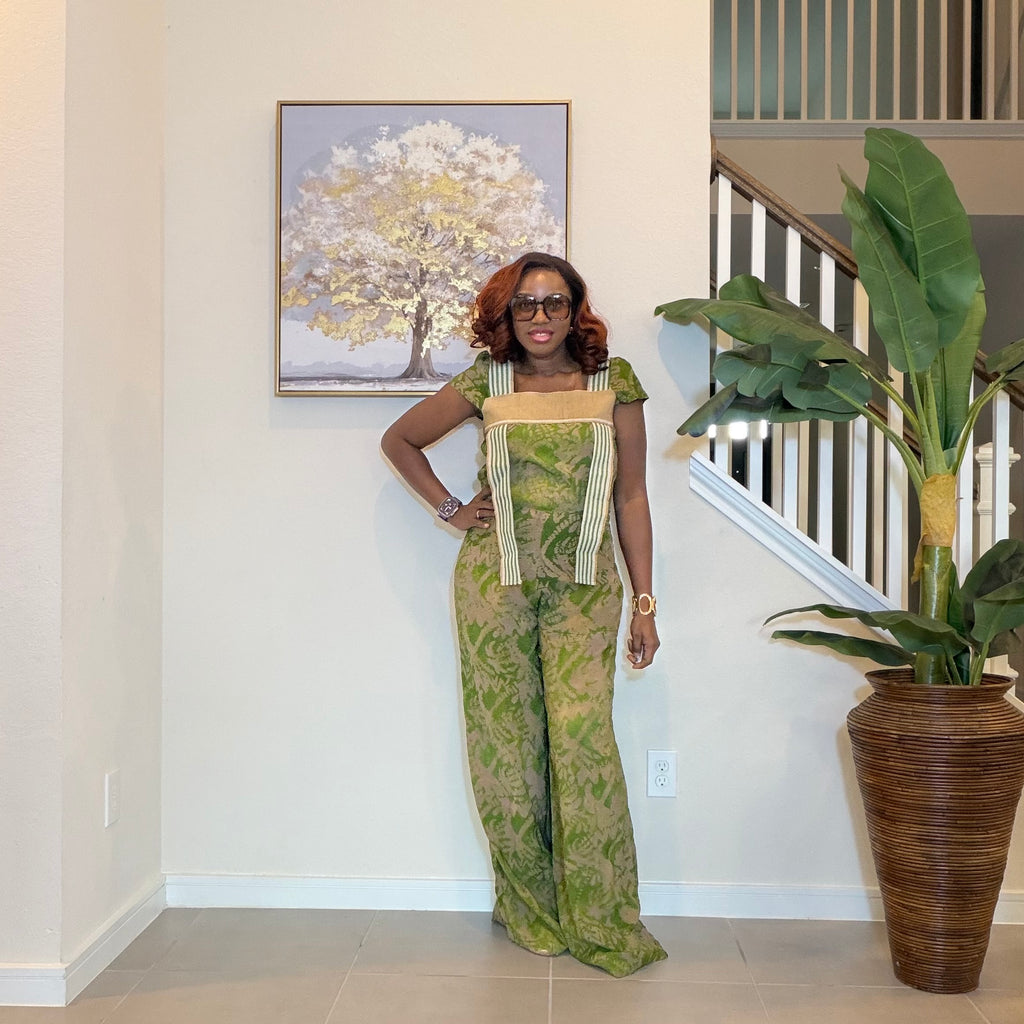 African Adire Jumpsuit with Aso Oke, Green Adire Jumpsuit, Wide‑Leg One‑Piece