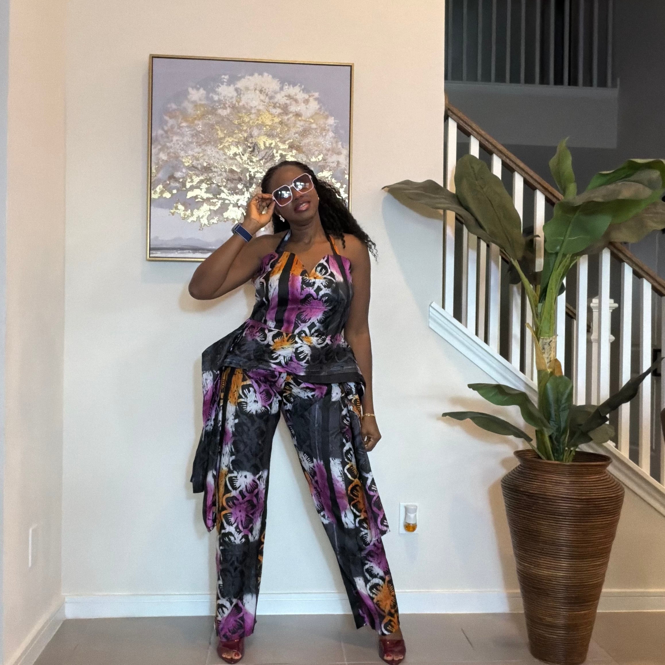 Handmade Adire Batik Tie-Neck Halter Jumpsuit.