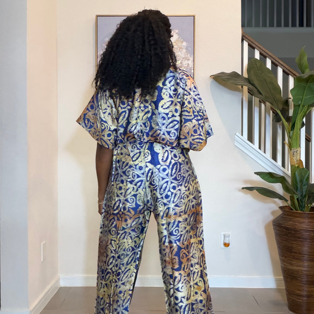 Adire Silk-Crepe, Elastic Waist Top & Wide-Leg Pants Set