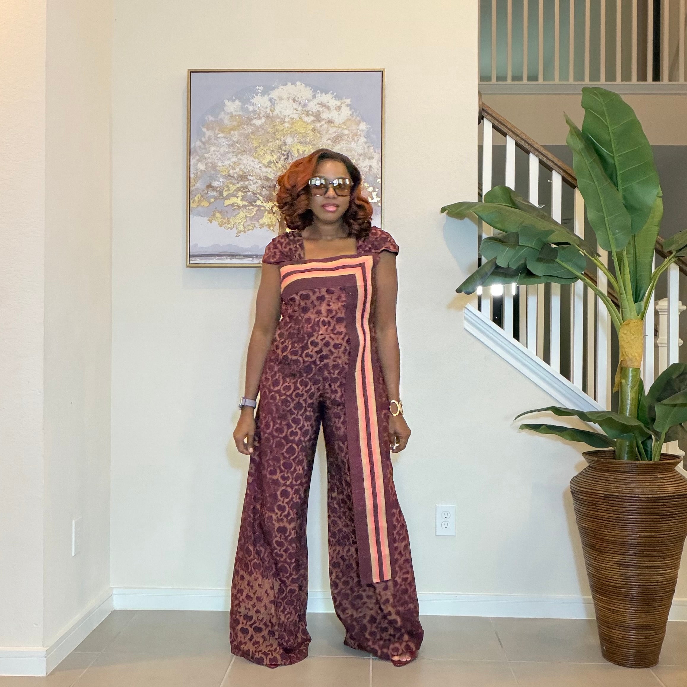 Adire Floral Wide-Leg Jumpsuit with Aso Oke Detail