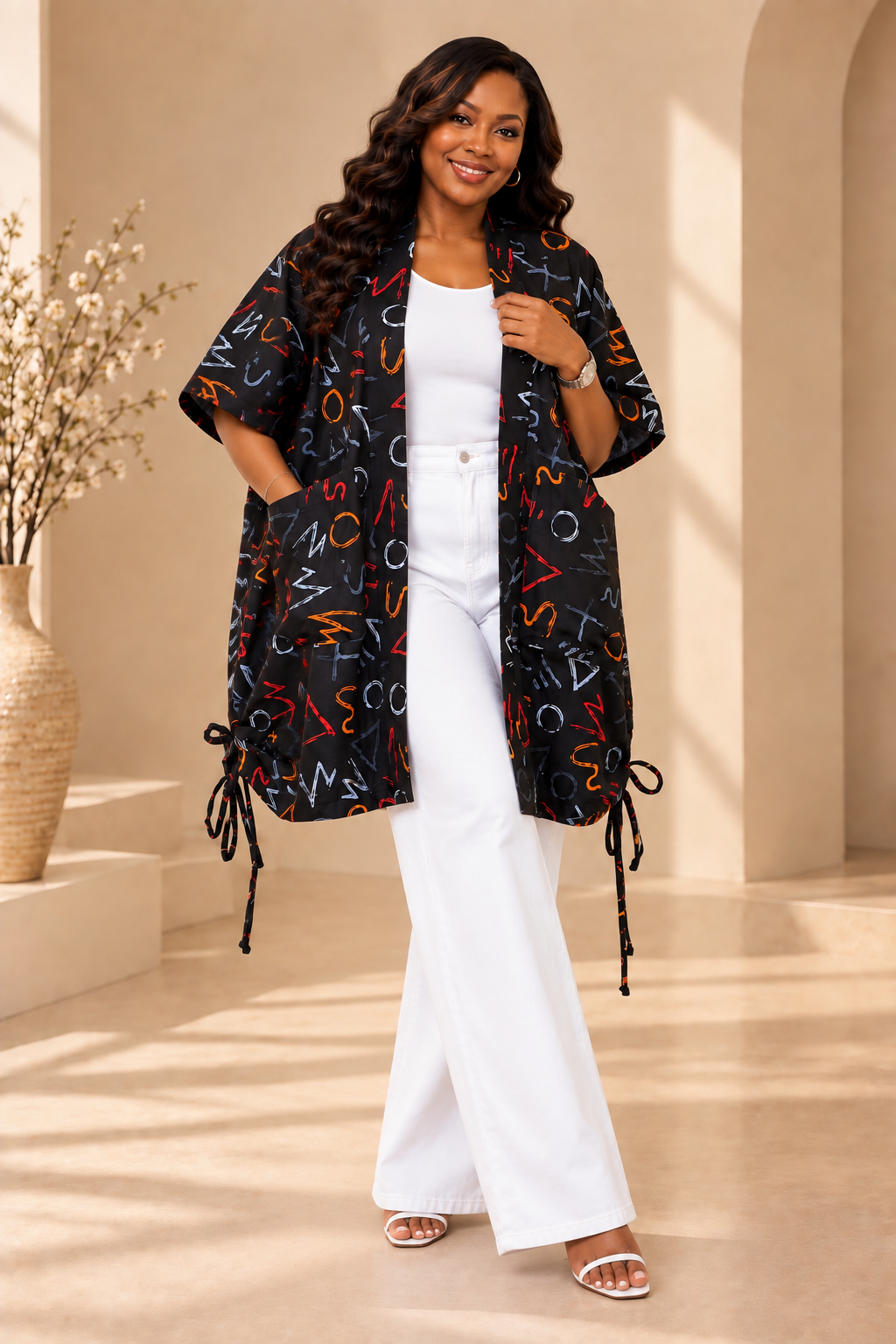Abstract Print Ankara Drawstring Hem Kimono