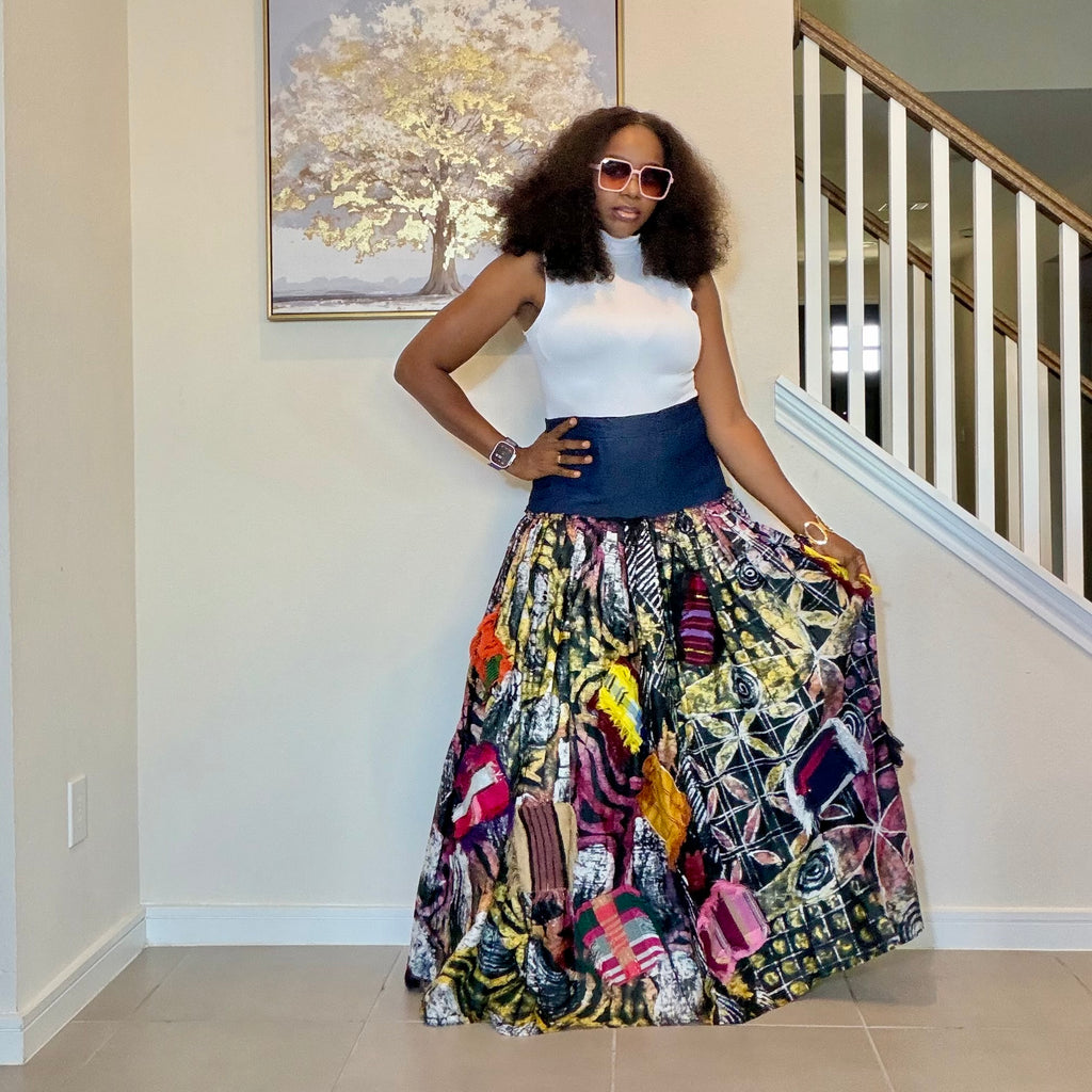 Adire Batik Maxi Skirt with Aso Oke Patchwork, High-Waisted African Print Maxi Skirt