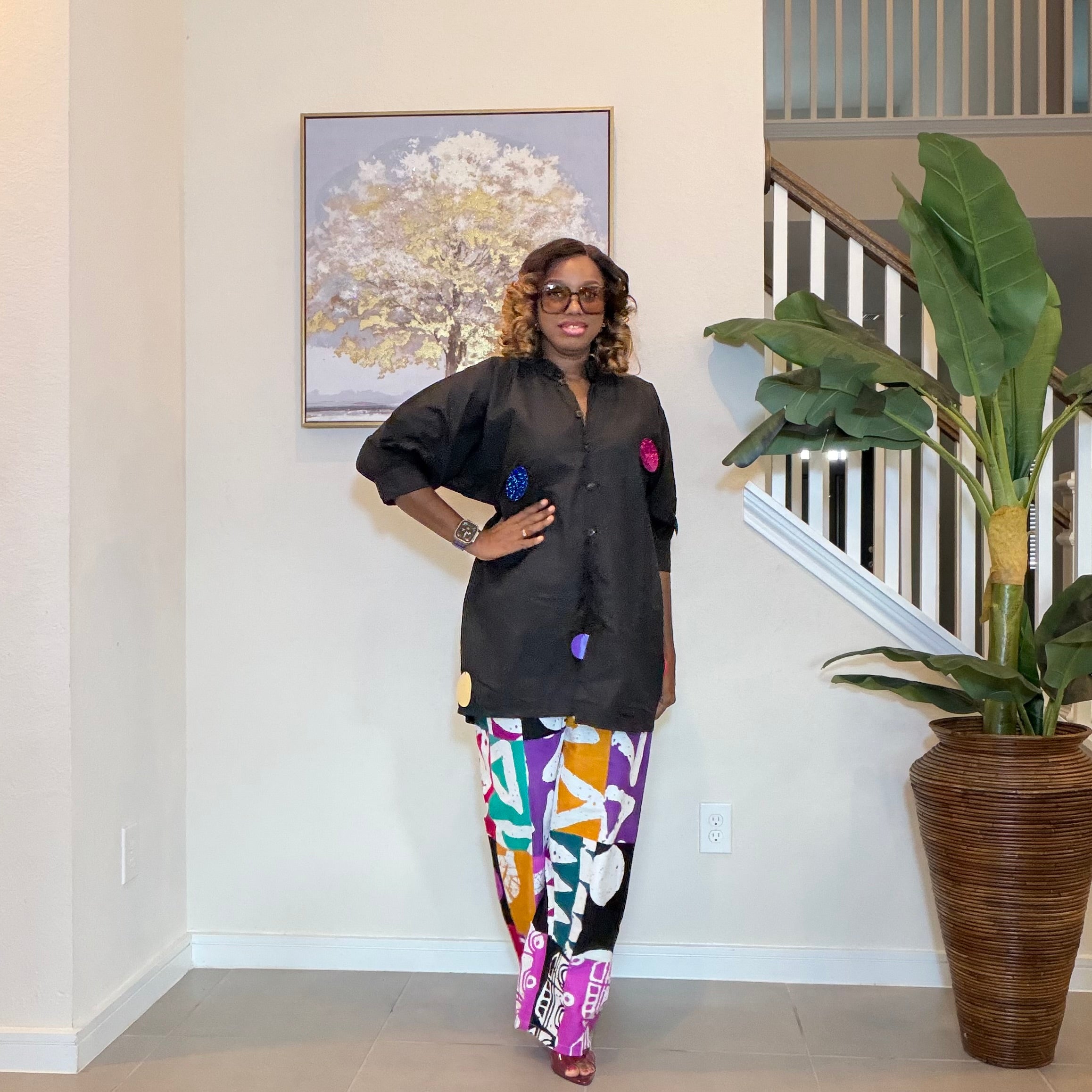 Ankara Two‑Piece Set, Colorful Print Pants, Handmade African Wear