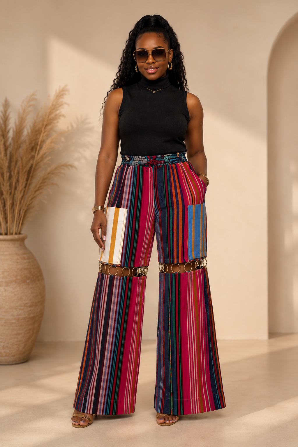 Multicolor Aso Oke Wide-Leg Trousers with Ring Detail