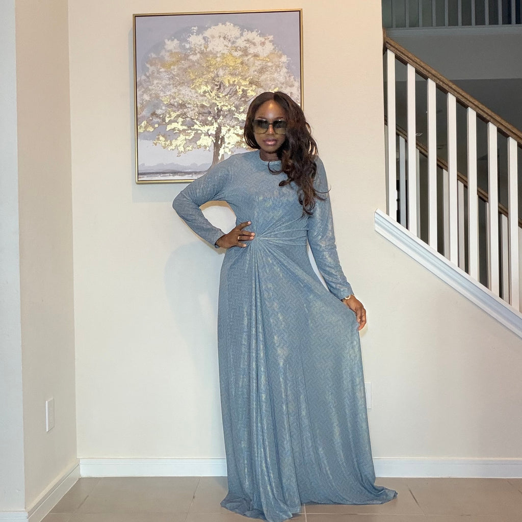 Shimmering Metallic Blue Maxi Dress