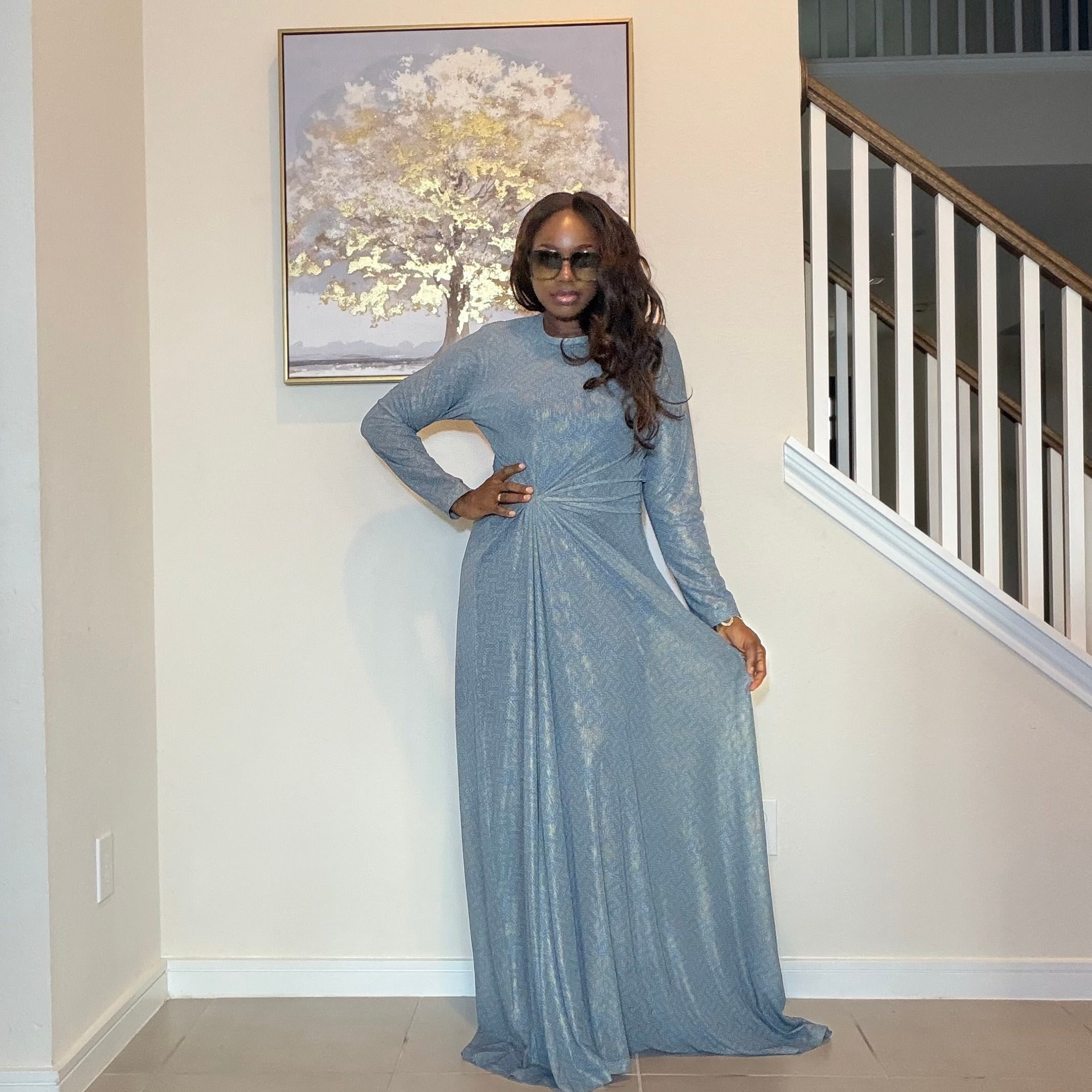 Shimmering Metallic Blue Maxi Dress