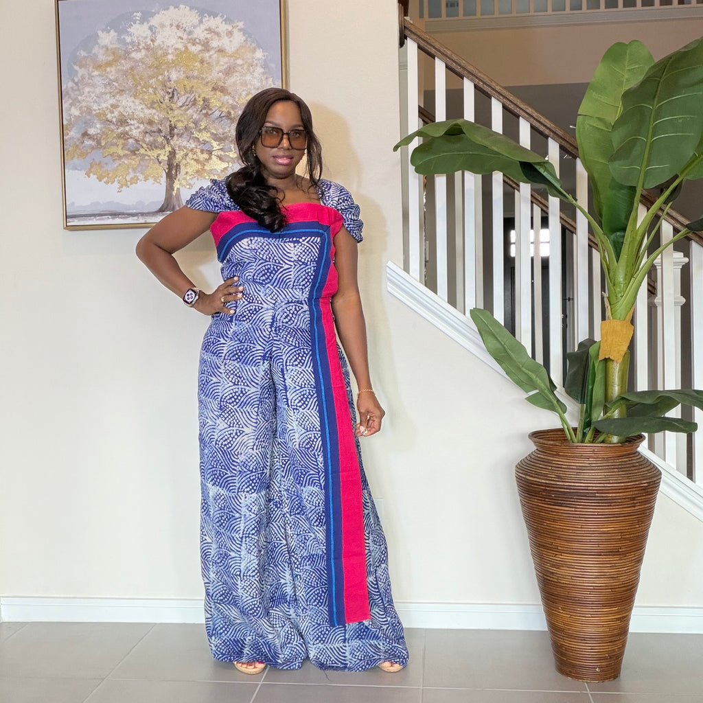 Adire Floral Wide-Leg Jumpsuit with Aso Oke Detail