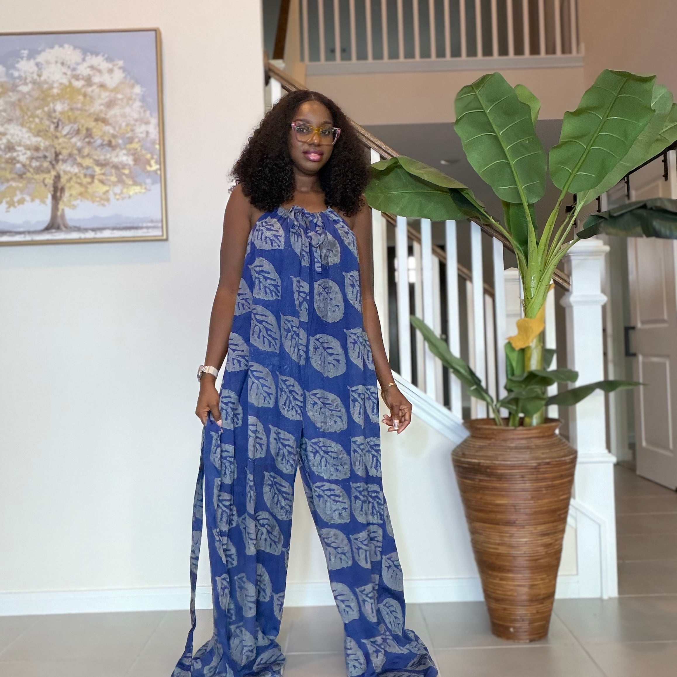 African Adire Blue Jumpsuit with Waist Tie