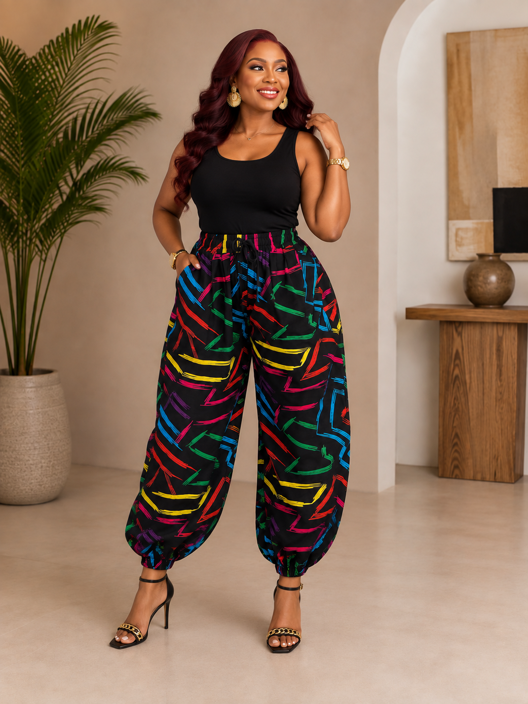 Vibrant Abstract Print Ankara Pants with Elastic Cuffs & Pockets