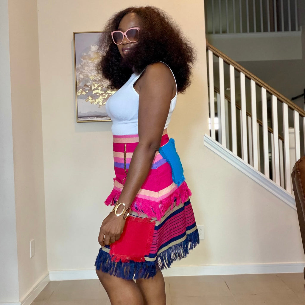 Colorful African Aso Oke Fringe Skirt, Handmade Aso Oke Patchwork Skirt