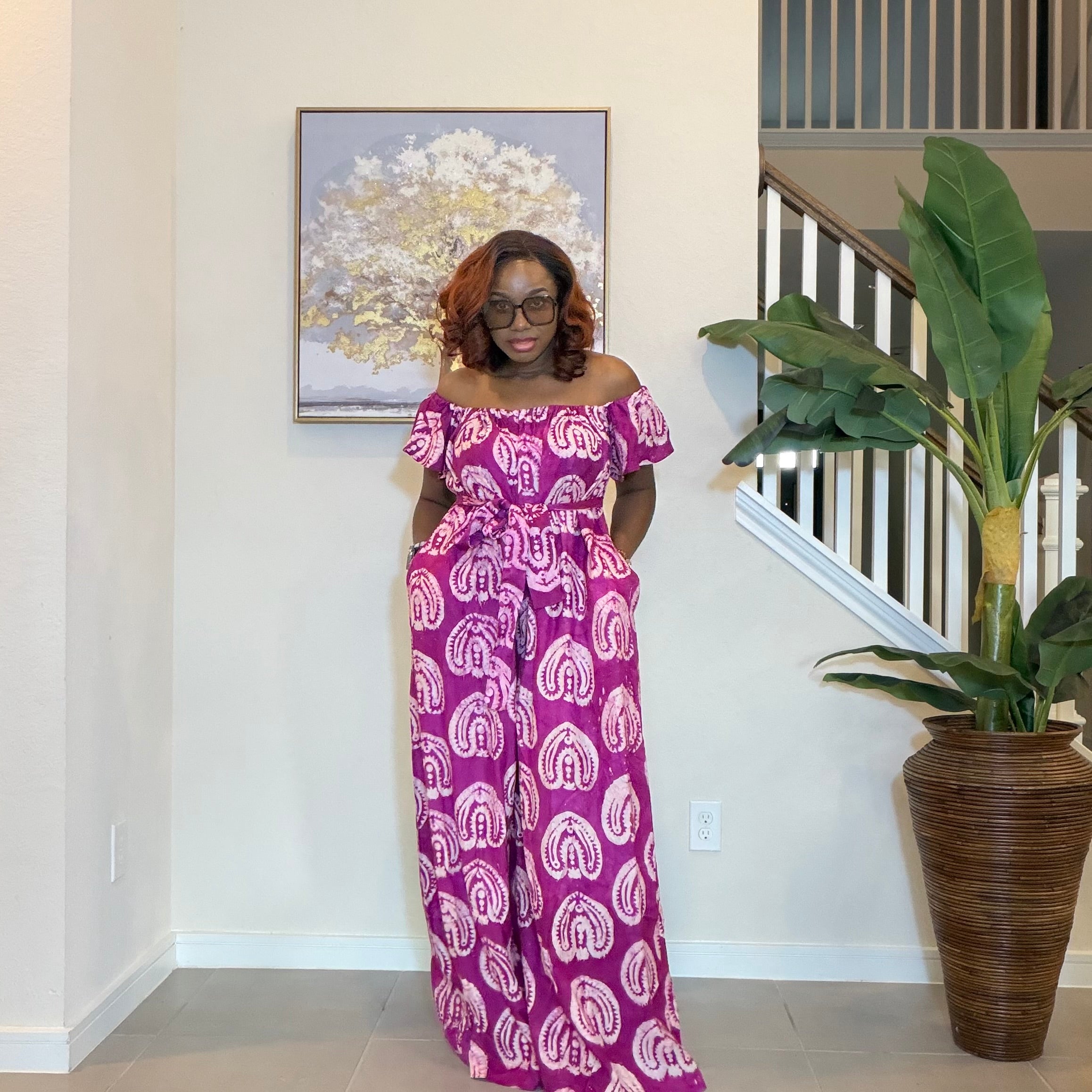Adire Jumpsuit - African Print Off-the-Shoulder Wide Leg Romper