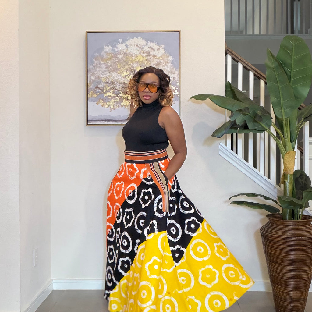 African Ankara Maxi Skirt, High Waist Skirt with Aso Oke Pockets