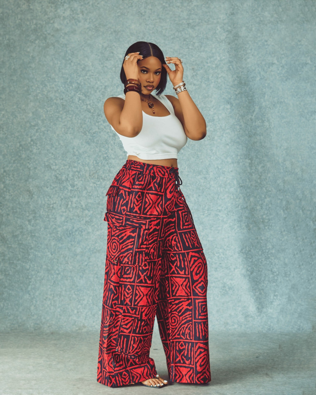 Ankara Cargo Trousers, Ankara Wide-Leg Trousers – Red African Print Palazzo Pants
