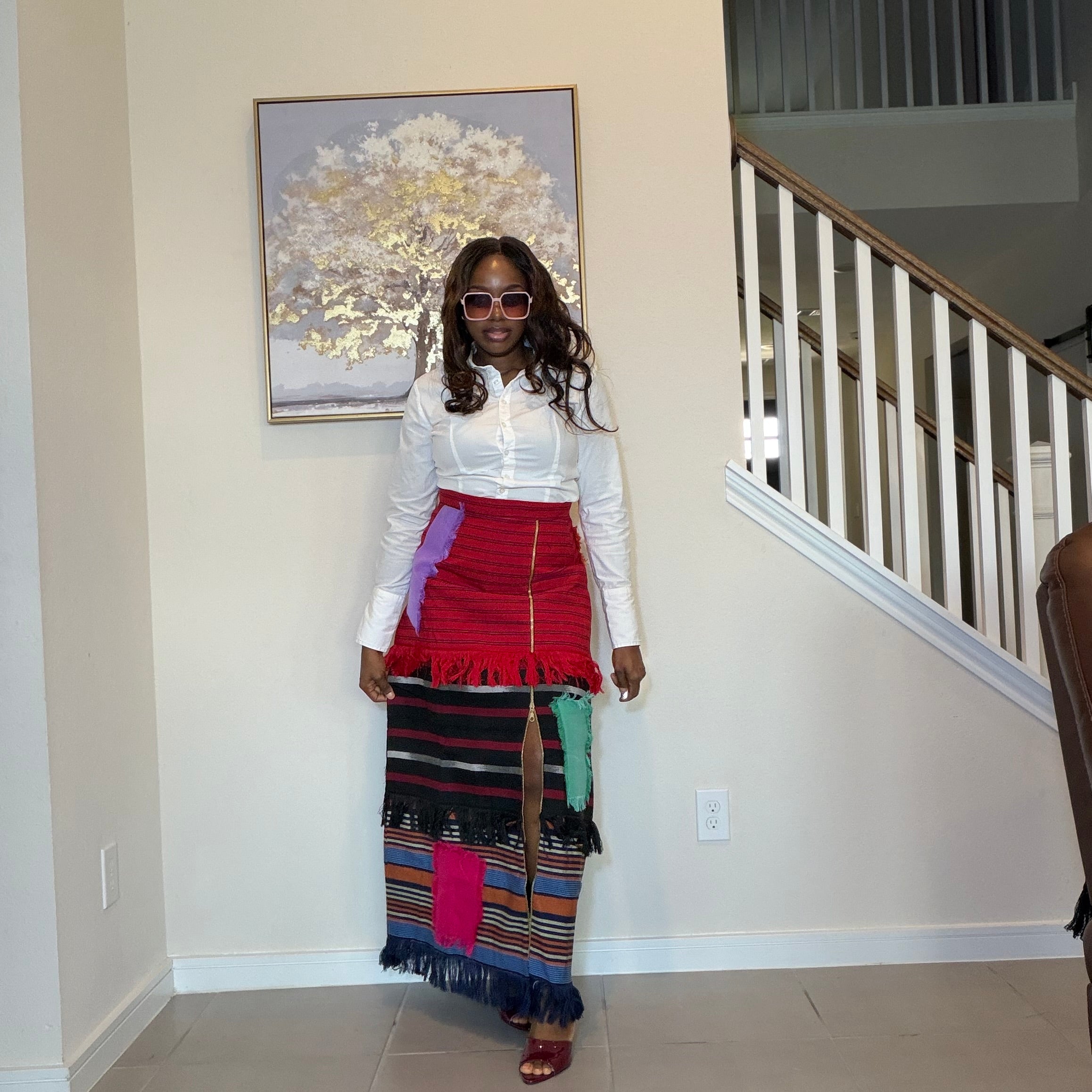 Colorful African Aso Oke Fringe Skirt, Handmade Aso Oke Patchwork Skirt