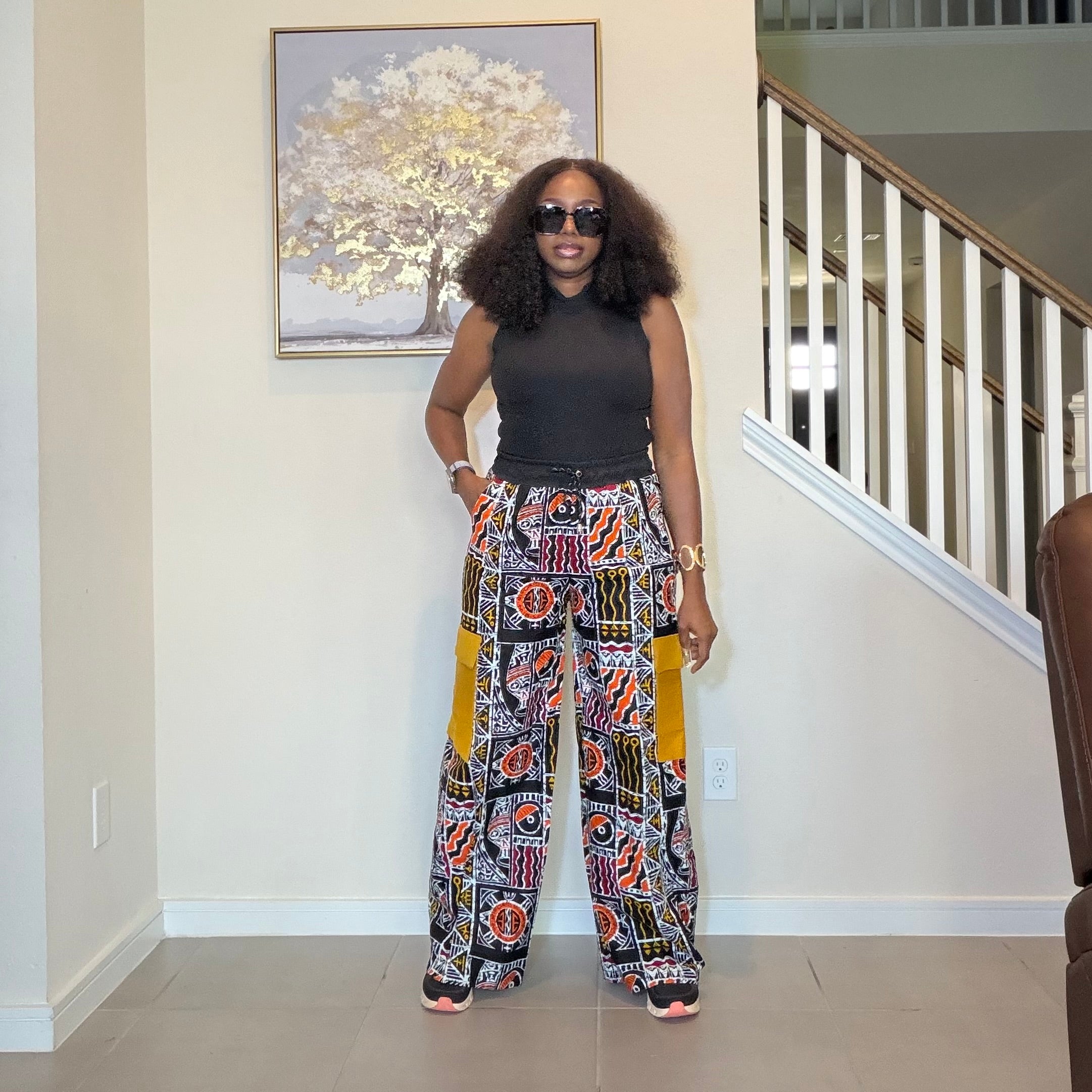 Ankara Wide Leg Cargo Trousers with Mustard Yellow Aso Oke Pockets