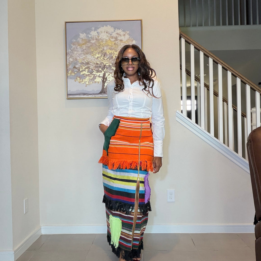 Colorful African Aso Oke Fringe Skirt, Handmade Aso Oke Patchwork Skirt