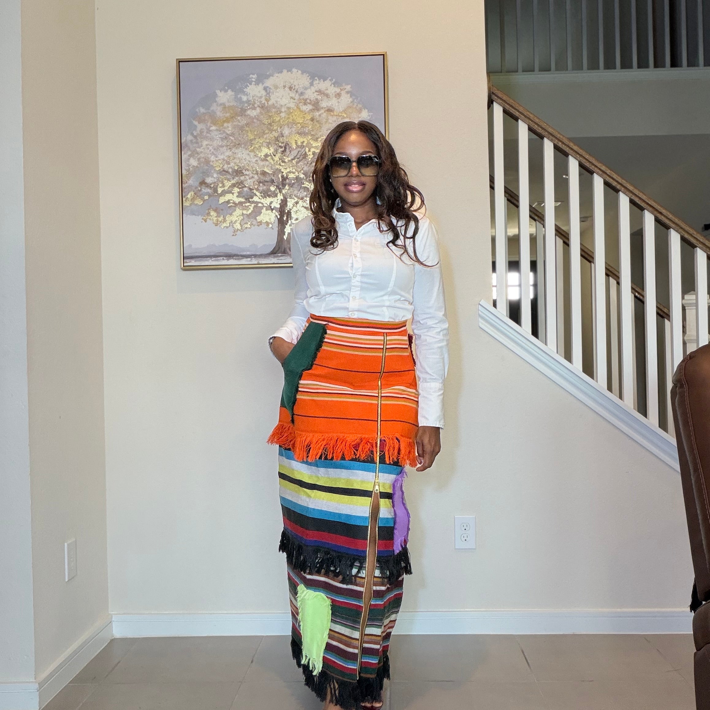 Colorful African Aso Oke Fringe Skirt, Handmade Aso Oke Patchwork Skirt